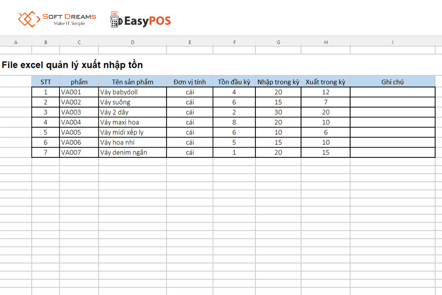 Mẫu file Excel quản lý kho đơn giản
