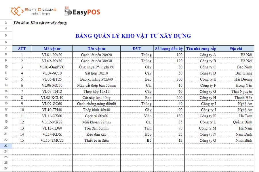 Mẫu quản lý kho ngành xây dựng
