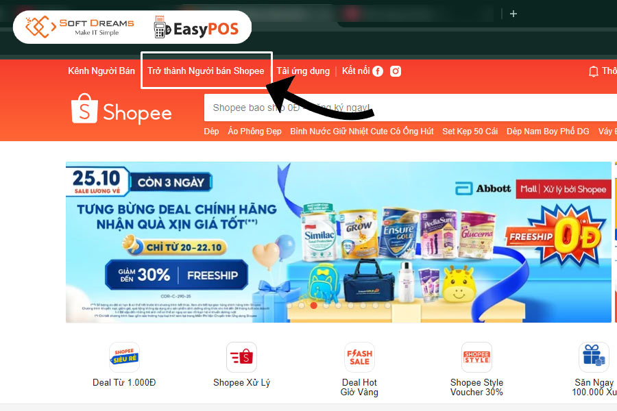 Mở trang Shopee và chọn mục “Trở thành Người bán” để bắt đầu thiết lập