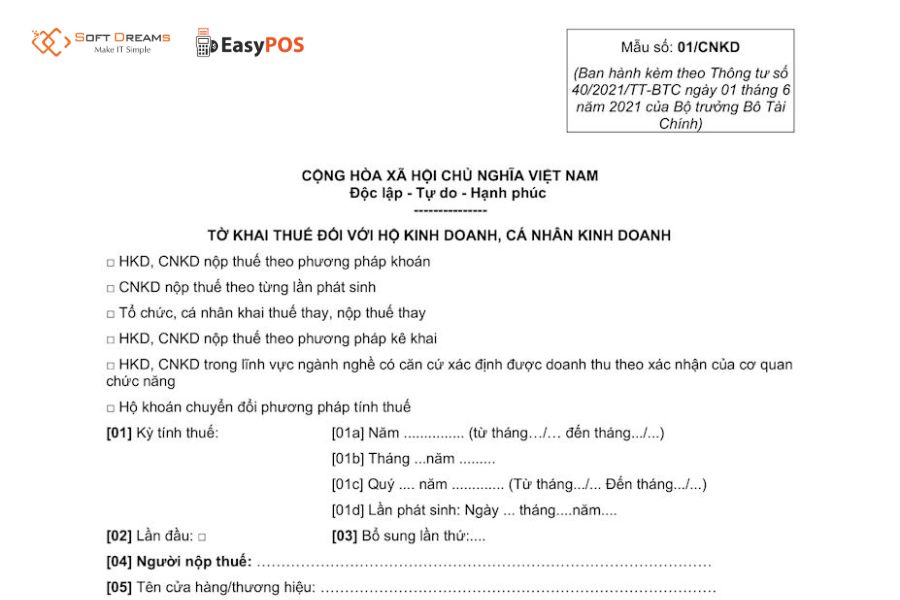 Mẫu tờ khai 01/CNKD cho hộ kinh doanh